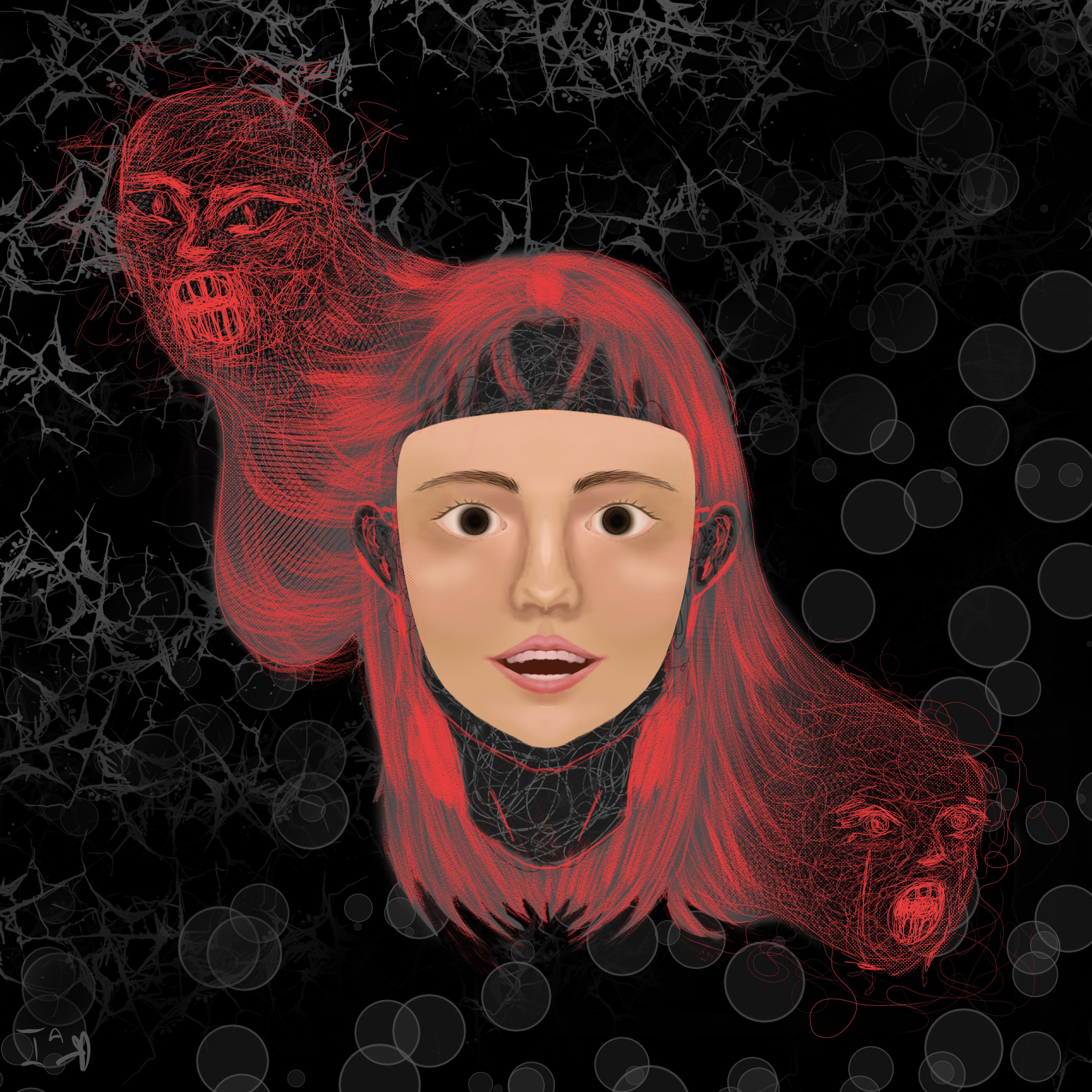 Digital artwork depicting a happy doll mask on a person with wraiths in the background implying their reality